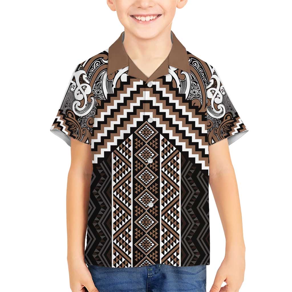Maori Tukutuku Taniko Motifs Family Matching Tank Maxi Dress and Hawaiian Shirt Brown Poutama Mix Kowhaiwhai