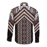 Maori Tukutuku Taniko Motifs Long Sleeve Button Shirt Brown Poutama Mix Kowhaiwhai
