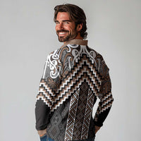 Maori Tukutuku Taniko Motifs Long Sleeve Polo Shirt Brown Poutama Mix Kowhaiwhai