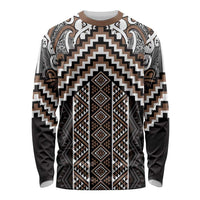 Maori Tukutuku Taniko Motifs Long Sleeve Shirt Brown Poutama Mix Kowhaiwhai