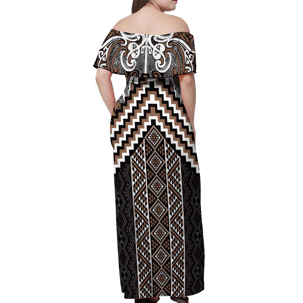 Maori Tukutuku Taniko Motifs Off Shoulder Maxi Dress Brown Poutama Mix Kowhaiwhai