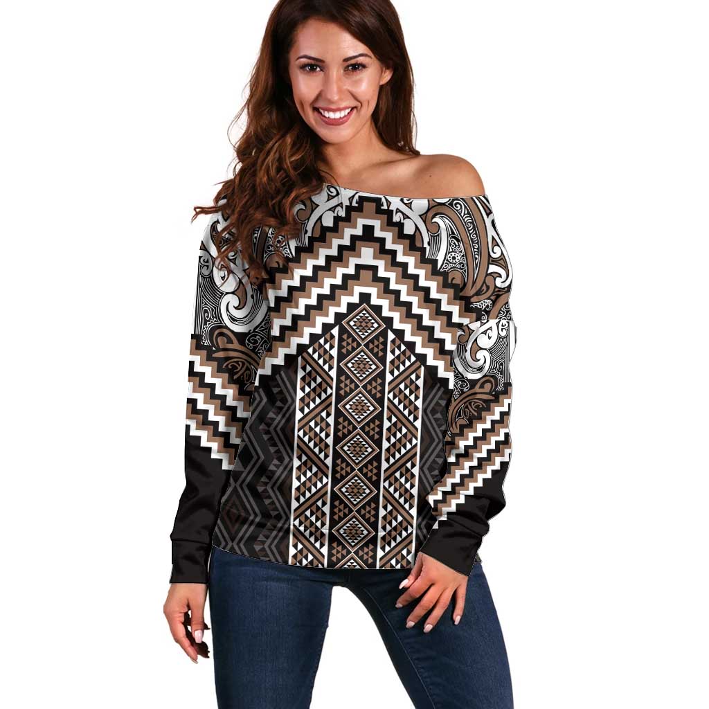 Maori Tukutuku Taniko Motifs Off Shoulder Sweater Brown Poutama Mix Kowhaiwhai