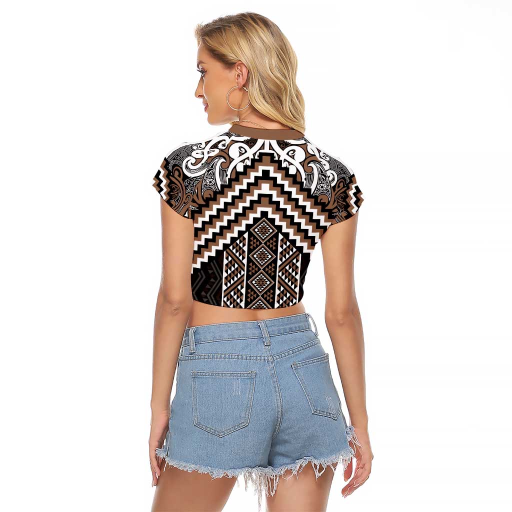 Maori Tukutuku Taniko Motifs Raglan Cropped T Shirt Brown Poutama Mix Kowhaiwhai