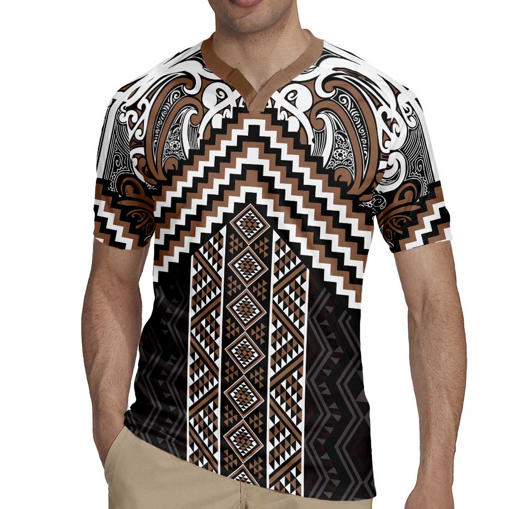 Maori Tukutuku Taniko Motifs Rugby Jersey Brown Poutama Mix Kowhaiwhai