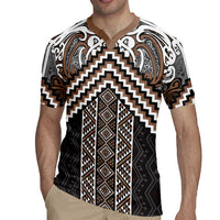 Maori Tukutuku Taniko Motifs Rugby Jersey Brown Poutama Mix Kowhaiwhai
