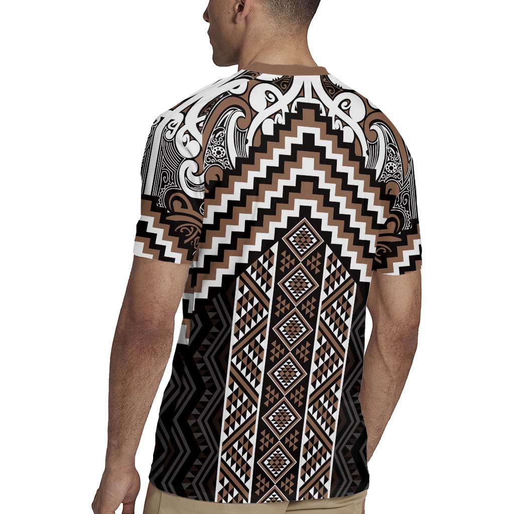 Maori Tukutuku Taniko Motifs Rugby Jersey Brown Poutama Mix Kowhaiwhai