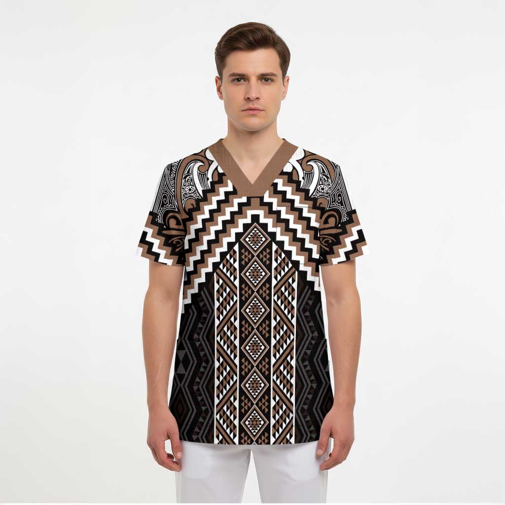 Maori Tukutuku Taniko Motifs Scrub Top Brown Poutama Mix Kowhaiwhai - Polynesian Pride