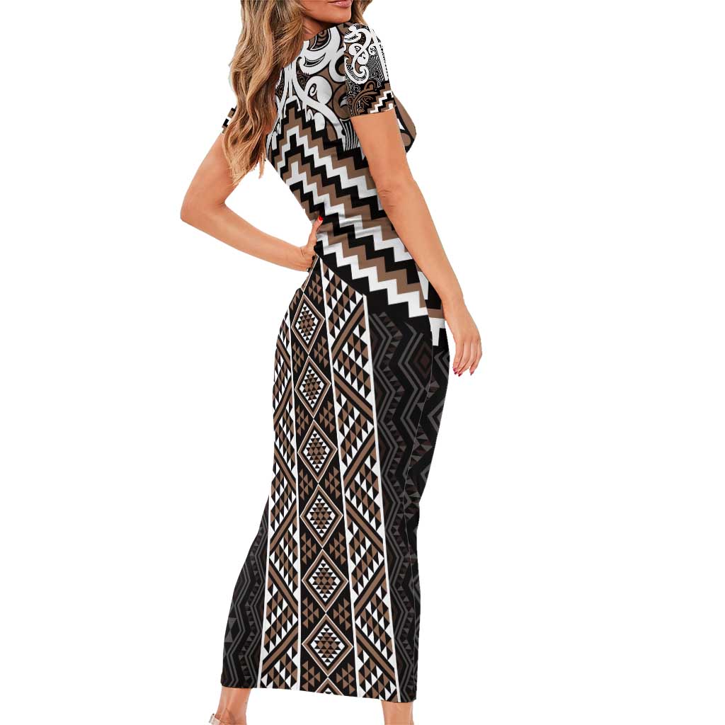 Maori Tukutuku Taniko Motifs Short Sleeve Bodycon Dress Brown Poutama Mix Kowhaiwhai