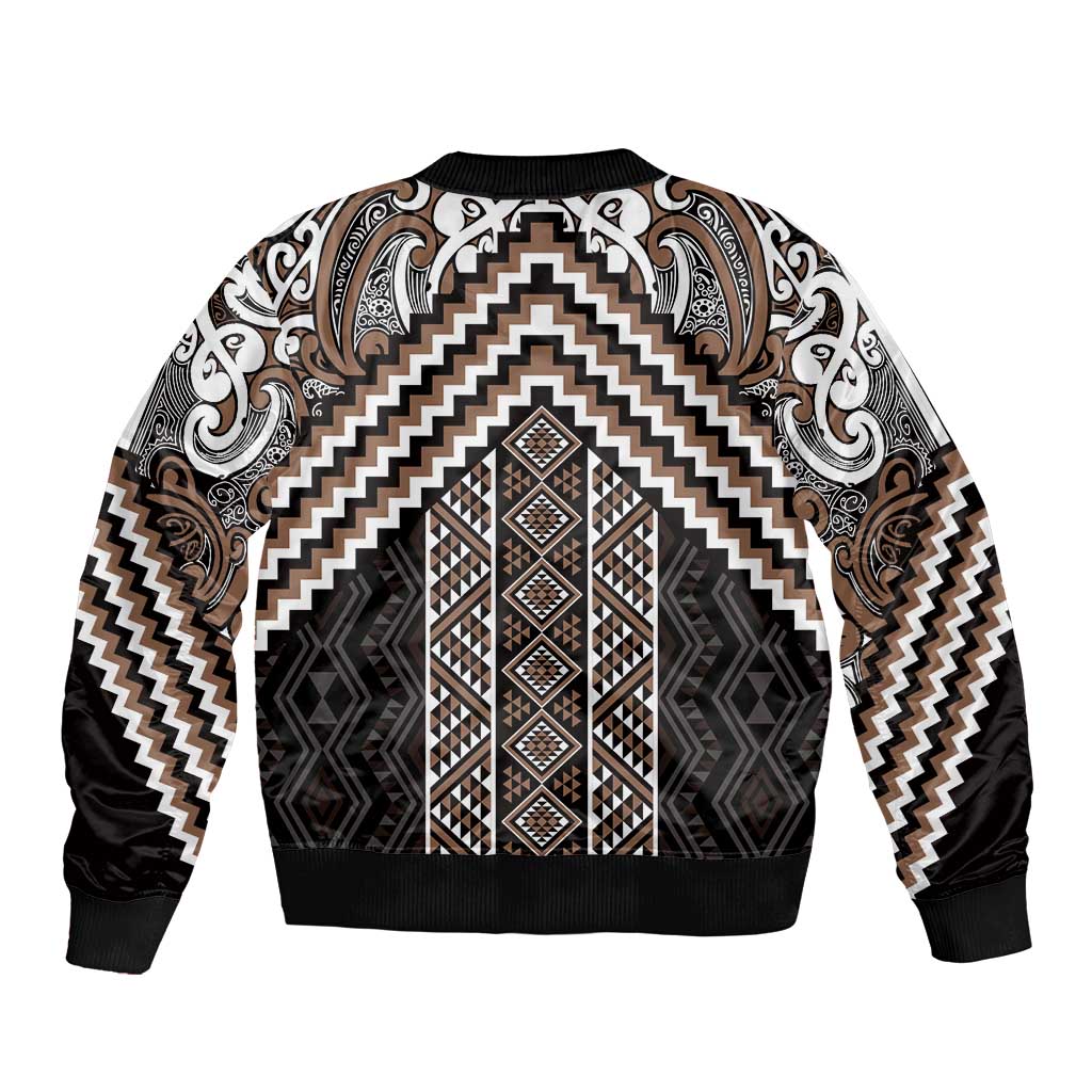 Maori Tukutuku Taniko Motifs Sleeve Zip Bomber Jacket Brown Poutama Mix Kowhaiwhai