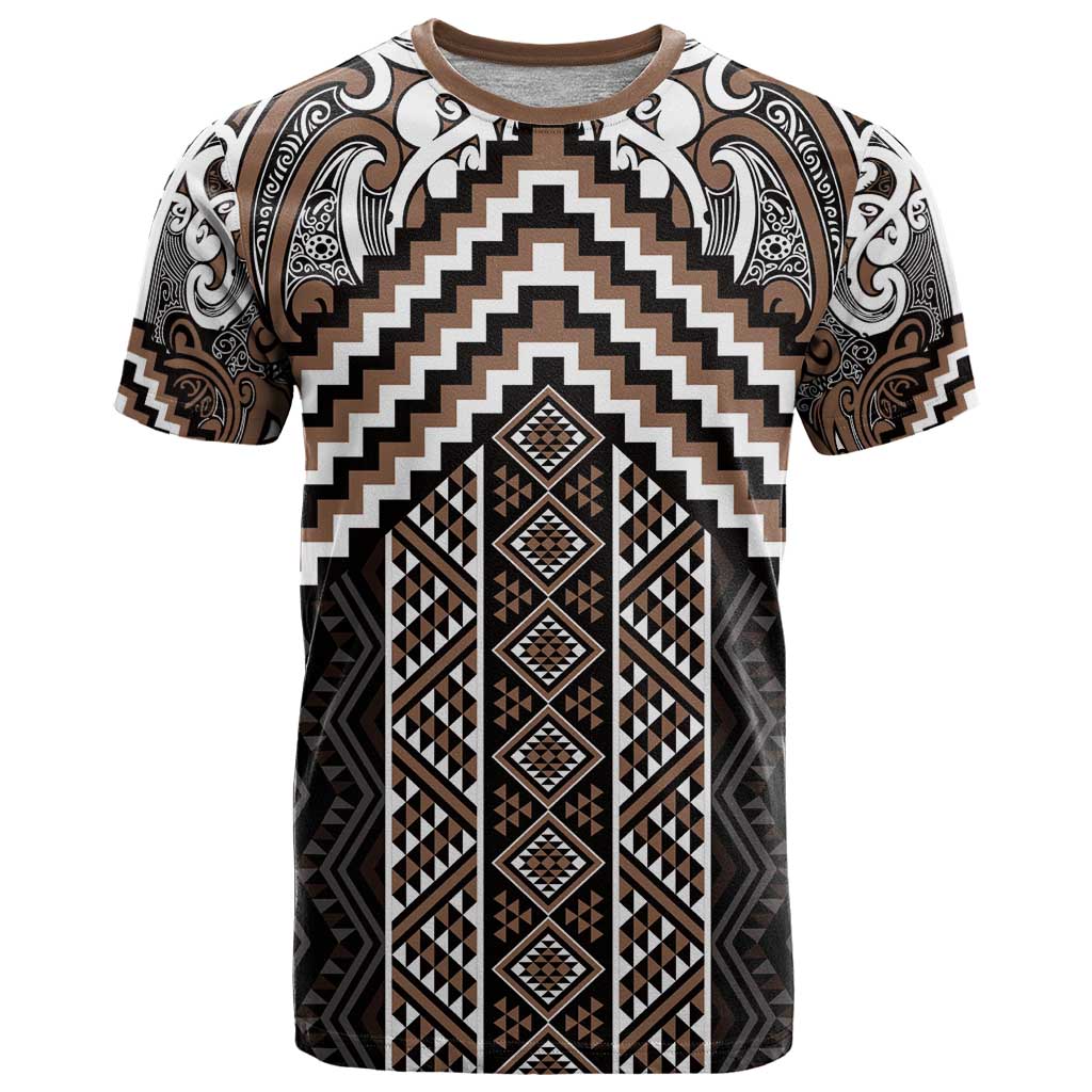 Maori Tukutuku Taniko Motifs T Shirt Brown Poutama Mix Kowhaiwhai LT7 Brown - Polynesian Pride