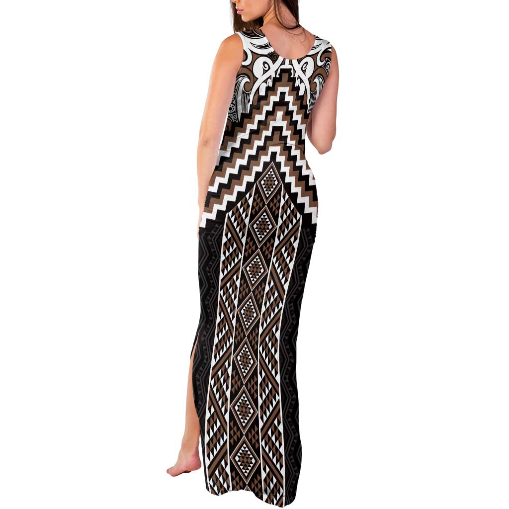 Maori Tukutuku Taniko Motifs Tank Maxi Dress Brown Poutama Mix Kowhaiwhai