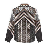 Maori Tukutuku Taniko Motifs Women Casual Shirt Brown Poutama Mix Kowhaiwhai