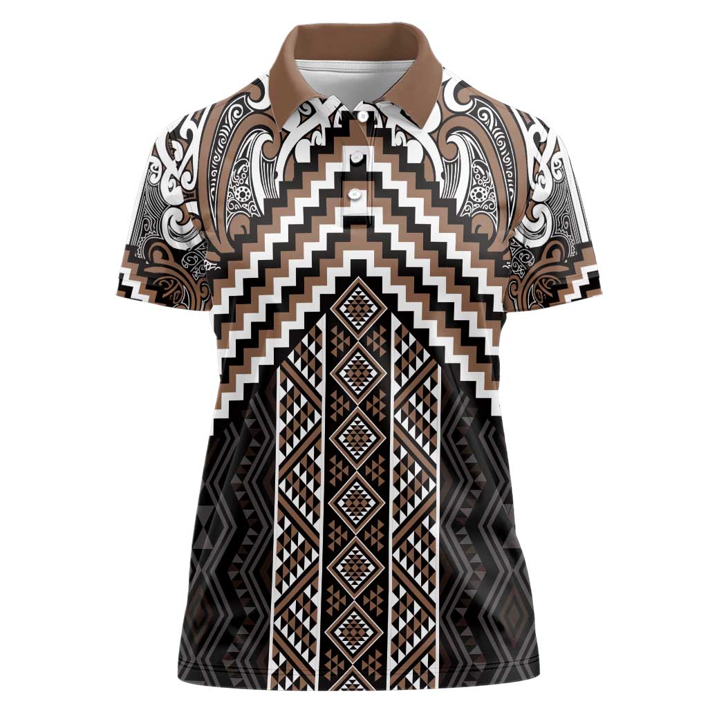 Maori Tukutuku Taniko Motifs Women Polo Shirt Brown Poutama Mix Kowhaiwhai