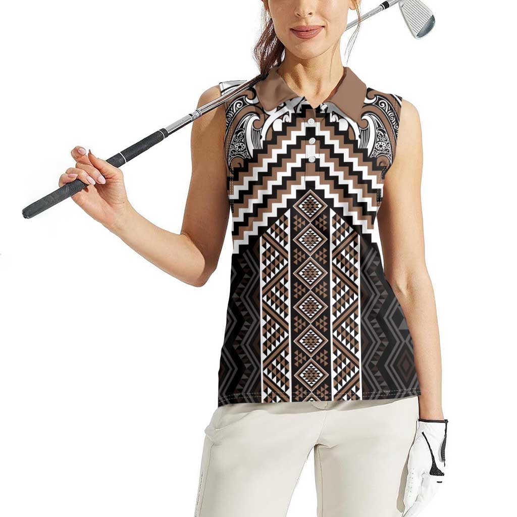 Maori Tukutuku Taniko Motifs Women Sleeveless Polo Shirt Brown Poutama Mix Kowhaiwhai