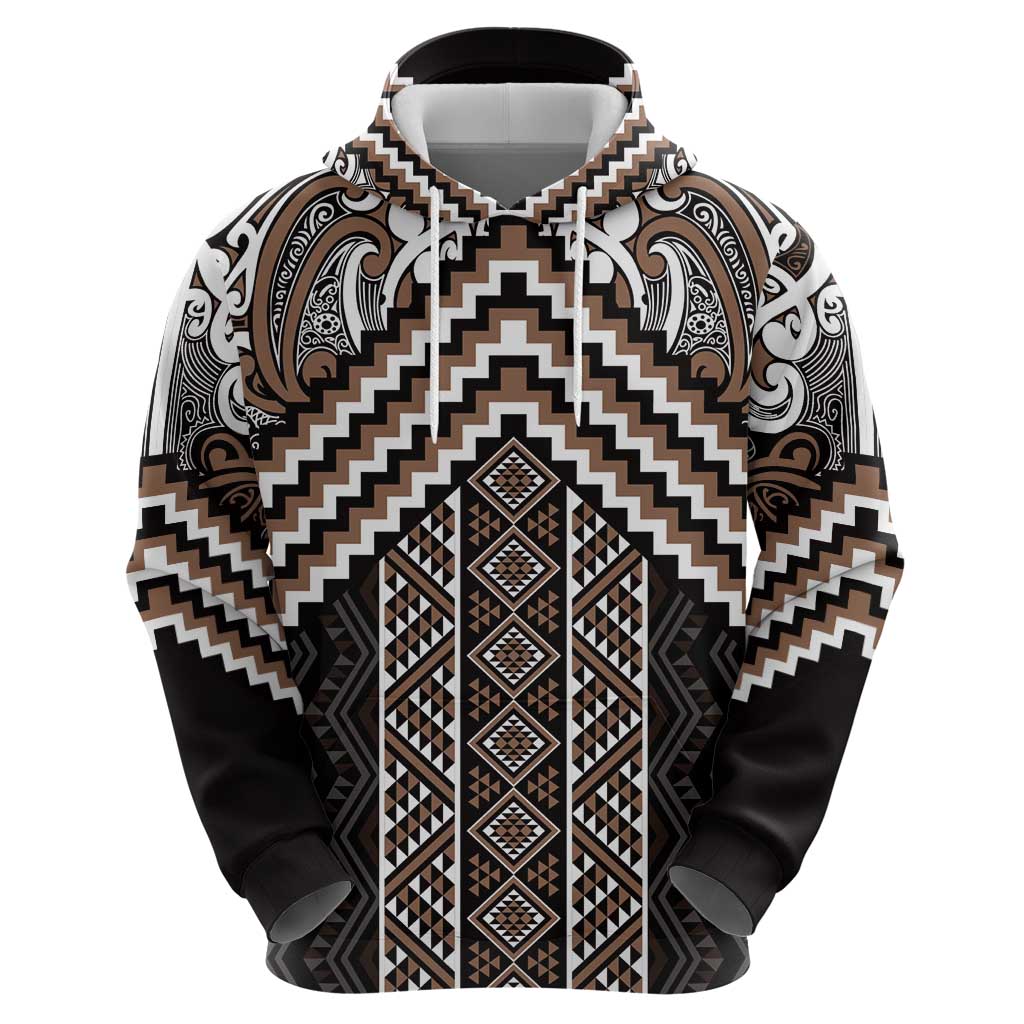 Maori Tukutuku Taniko Motifs Zip Hoodie Brown Poutama Mix Kowhaiwhai