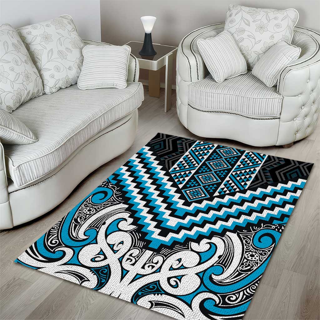 Maori Tukutuku Taniko Motifs Area Rug Turquoise Poutama Mix Kowhaiwhai