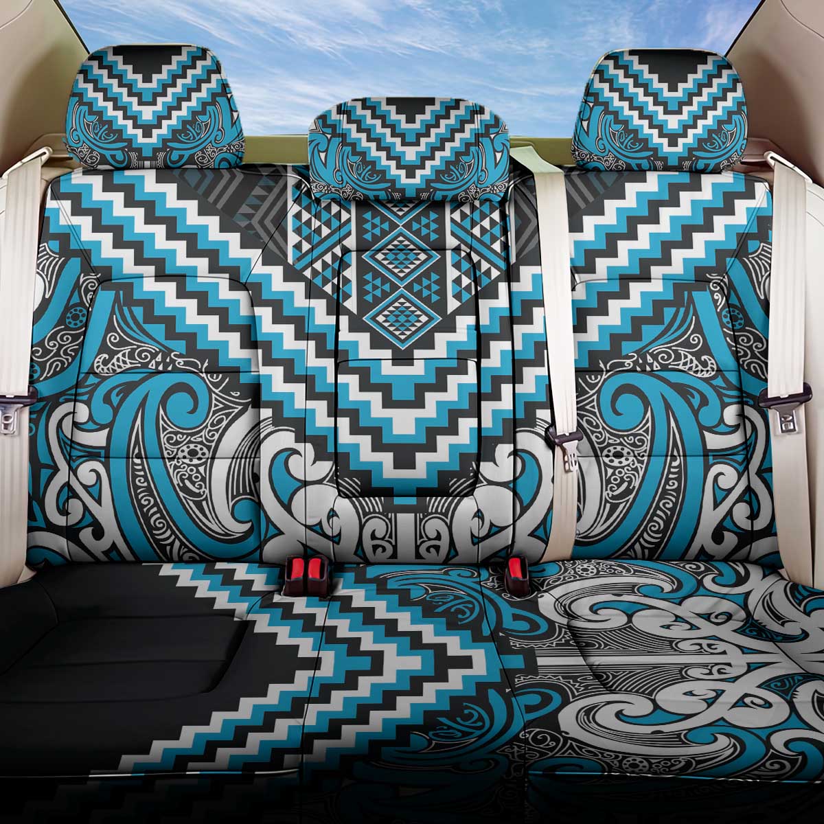Maori Tukutuku Taniko Motifs Back Car Seat Cover Turquoise Poutama Mix Kowhaiwhai