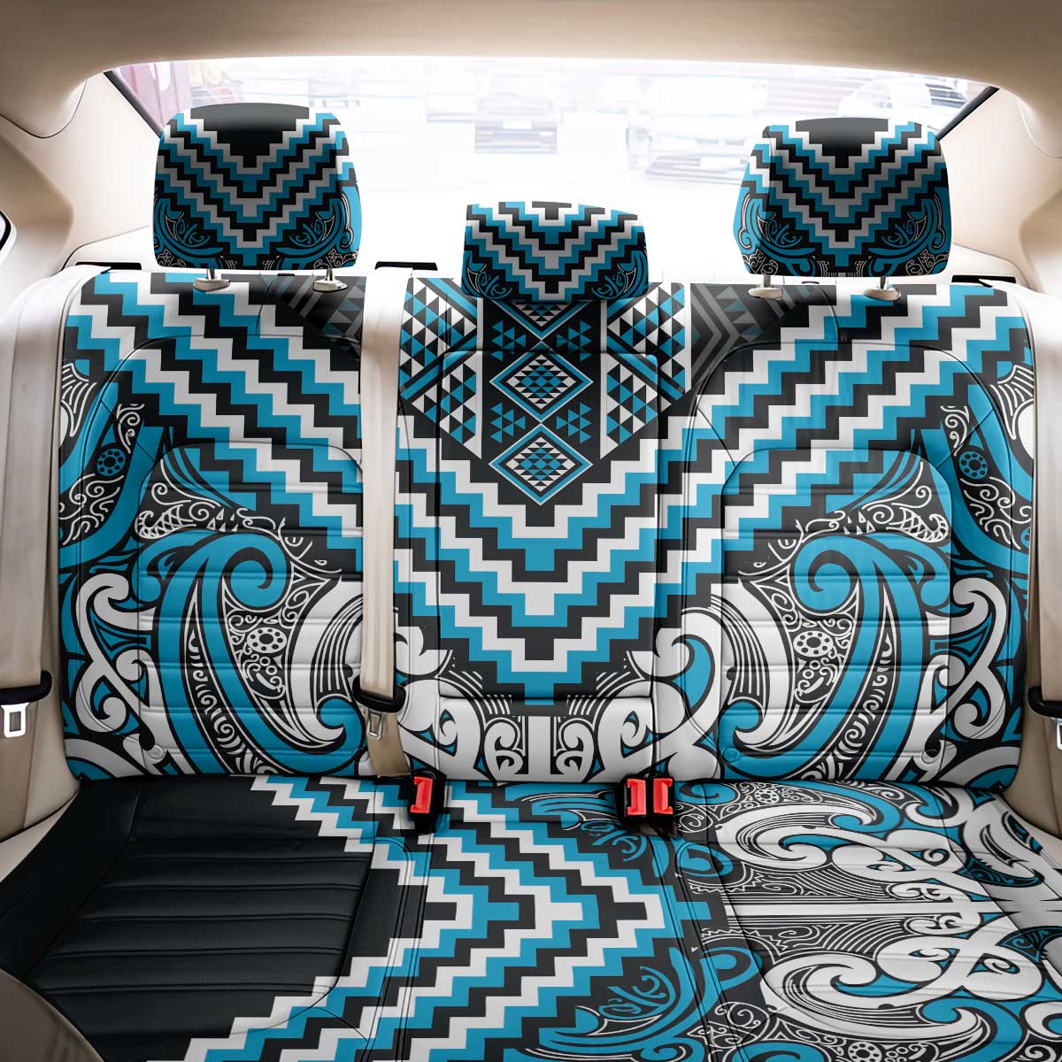 Maori Tukutuku Taniko Motifs Back Car Seat Cover Turquoise Poutama Mix Kowhaiwhai