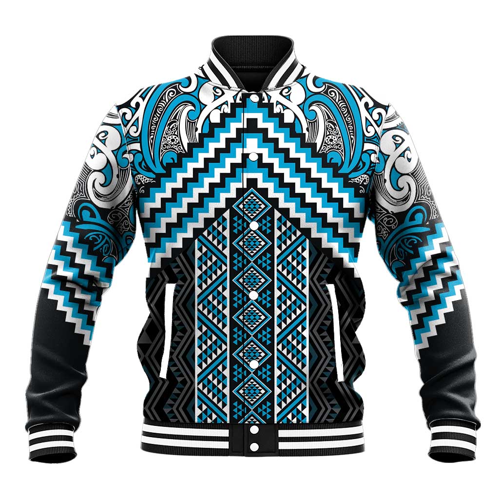 Maori Tukutuku Taniko Motifs Baseball Jacket Turquoise Poutama Mix Kowhaiwhai
