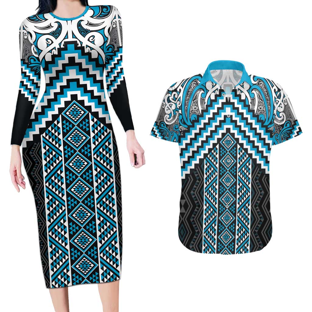 Maori Tukutuku Taniko Motifs Couples Matching Long Sleeve Bodycon Dress and Hawaiian Shirt Turquoise Poutama Mix Kowhaiwhai