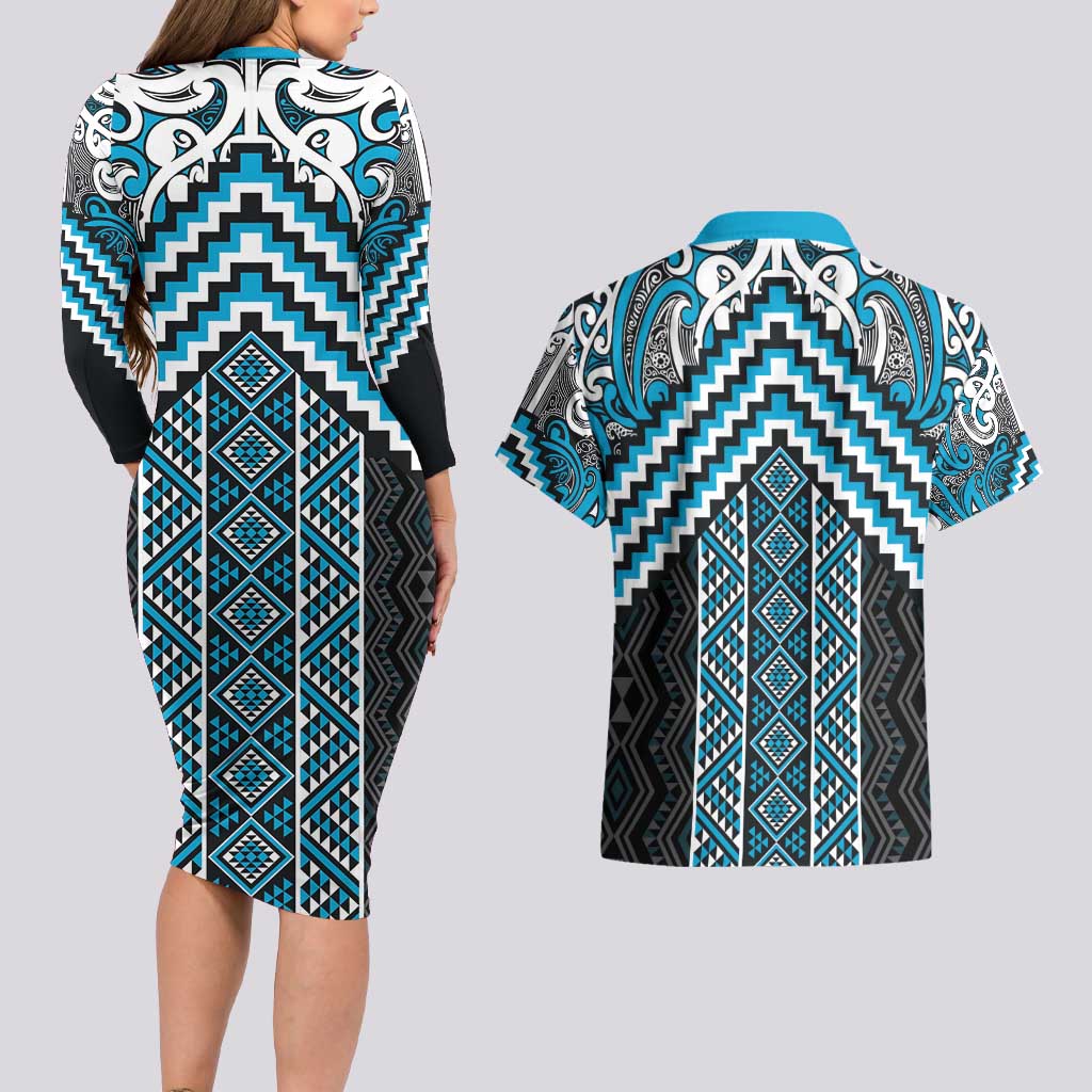 Maori Tukutuku Taniko Motifs Couples Matching Long Sleeve Bodycon Dress and Hawaiian Shirt Turquoise Poutama Mix Kowhaiwhai