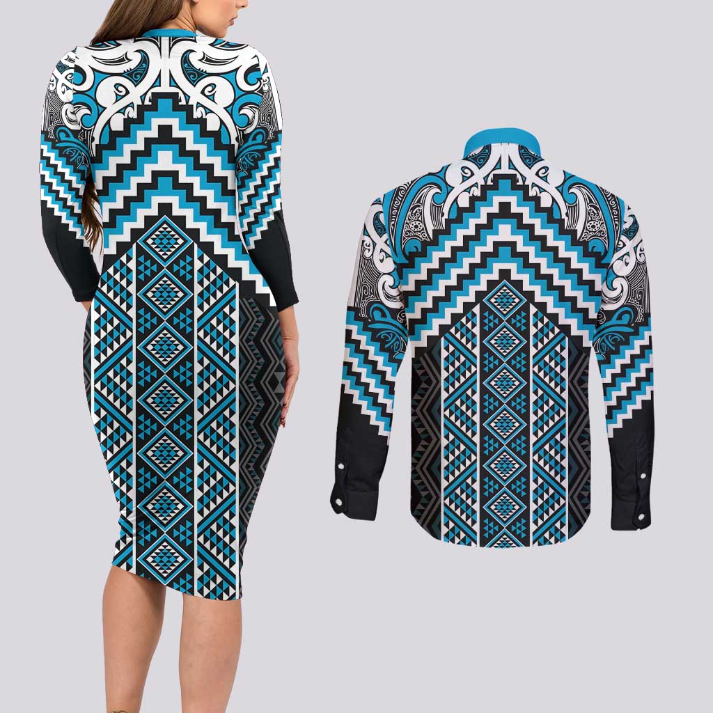 Maori Tukutuku Taniko Motifs Couples Matching Long Sleeve Bodycon Dress and Long Sleeve Button Shirt Turquoise Poutama Mix Kowhaiwhai