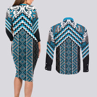 Maori Tukutuku Taniko Motifs Couples Matching Long Sleeve Bodycon Dress and Long Sleeve Button Shirt Turquoise Poutama Mix Kowhaiwhai