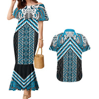 Maori Tukutuku Taniko Motifs Couples Matching Mermaid Dress and Hawaiian Shirt Turquoise Poutama Mix Kowhaiwhai