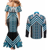 Maori Tukutuku Taniko Motifs Couples Matching Mermaid Dress and Long Sleeve Button Shirt Turquoise Poutama Mix Kowhaiwhai