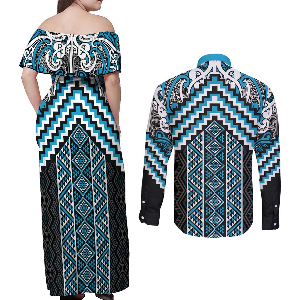 Maori Tukutuku Taniko Motifs Couples Matching Off Shoulder Maxi Dress and Long Sleeve Button Shirt Turquoise Poutama Mix Kowhaiwhai