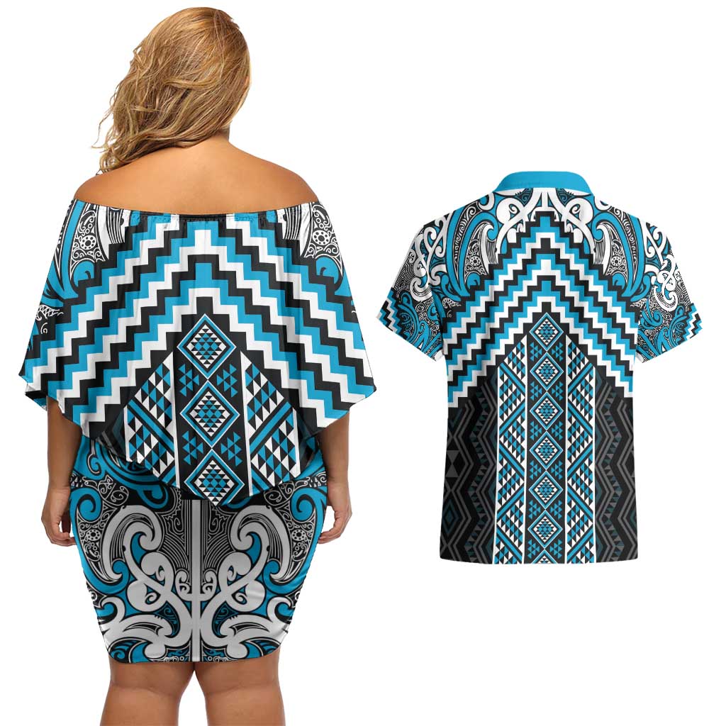 Maori Tukutuku Taniko Motifs Couples Matching Off Shoulder Short Dress and Hawaiian Shirt Turquoise Poutama Mix Kowhaiwhai