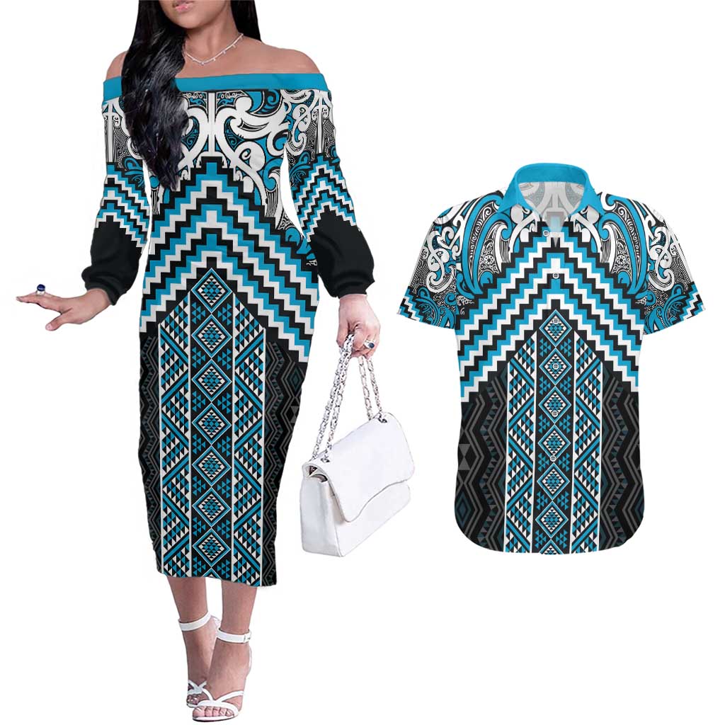 Maori Tukutuku Taniko Motifs Couples Matching Off The Shoulder Long Sleeve Dress and Hawaiian Shirt Turquoise Poutama Mix Kowhaiwhai