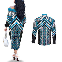 Maori Tukutuku Taniko Motifs Couples Matching Off The Shoulder Long Sleeve Dress and Long Sleeve Button Shirt Turquoise Poutama Mix Kowhaiwhai