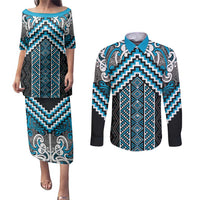 Maori Tukutuku Taniko Motifs Couples Matching Puletasi and Long Sleeve Button Shirt Turquoise Poutama Mix Kowhaiwhai LT7 Turquoise - Polynesian Pride
