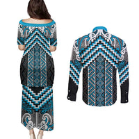 Maori Tukutuku Taniko Motifs Couples Matching Puletasi and Long Sleeve Button Shirt Turquoise Poutama Mix Kowhaiwhai LT7 - Polynesian Pride