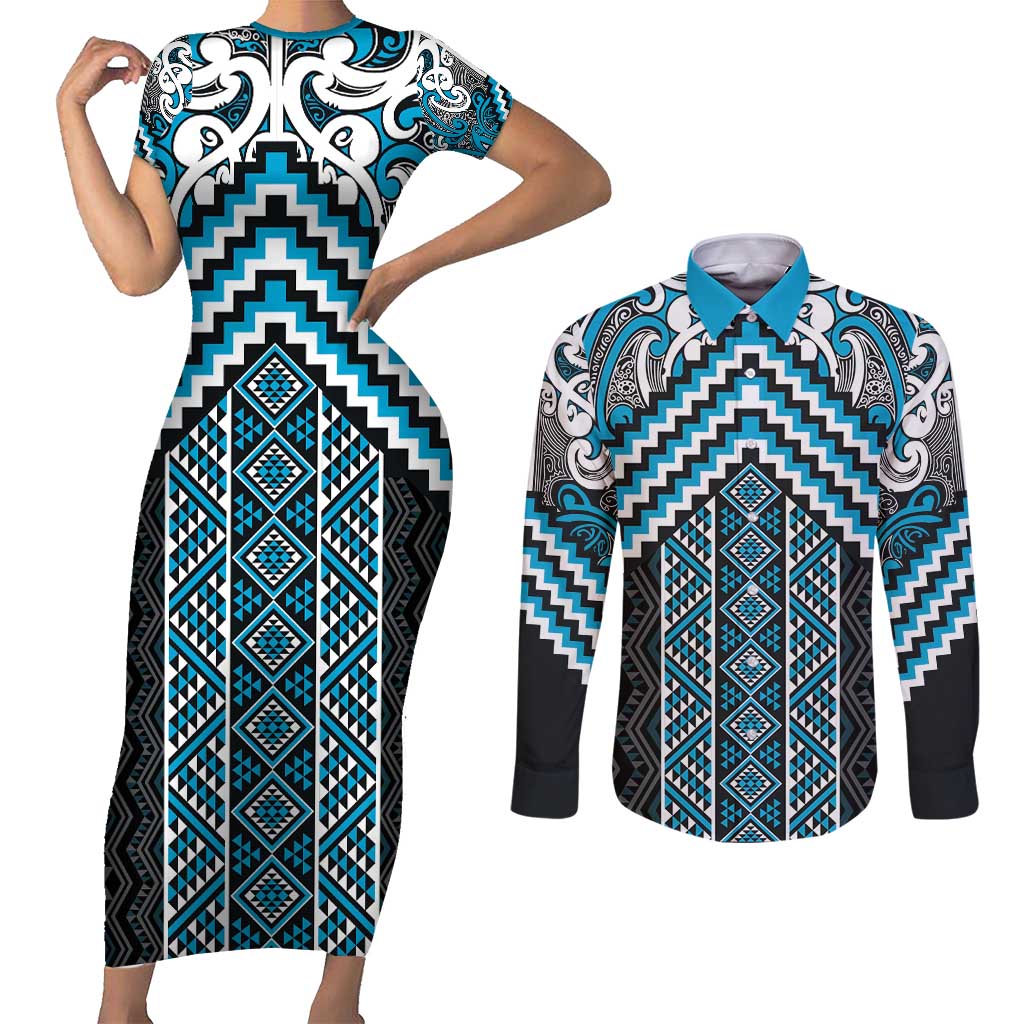 Maori Tukutuku Taniko Motifs Couples Matching Short Sleeve Bodycon Dress and Long Sleeve Button Shirt Turquoise Poutama Mix Kowhaiwhai