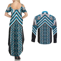 Maori Tukutuku Taniko Motifs Couples Matching Summer Maxi Dress and Long Sleeve Button Shirt Turquoise Poutama Mix Kowhaiwhai