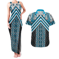 Maori Tukutuku Taniko Motifs Couples Matching Tank Maxi Dress and Hawaiian Shirt Turquoise Poutama Mix Kowhaiwhai