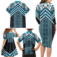 Maori Tukutuku Taniko Motifs Family Matching Long Sleeve Bodycon Dress and Hawaiian Shirt Turquoise Poutama Mix Kowhaiwhai