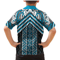 Maori Tukutuku Taniko Motifs Family Matching Mermaid Dress and Hawaiian Shirt Turquoise Poutama Mix Kowhaiwhai
