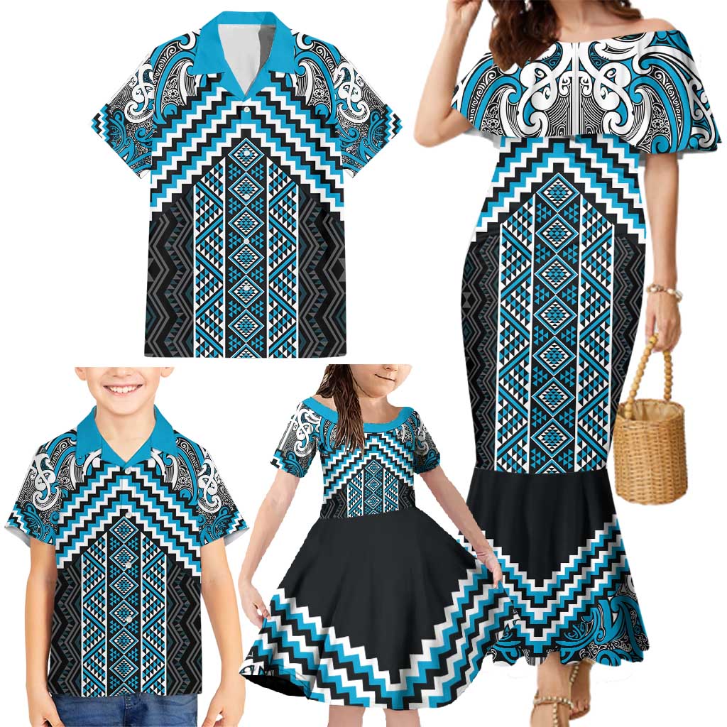 Maori Tukutuku Taniko Motifs Family Matching Mermaid Dress and Hawaiian Shirt Turquoise Poutama Mix Kowhaiwhai
