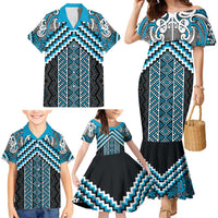 Maori Tukutuku Taniko Motifs Family Matching Mermaid Dress and Hawaiian Shirt Turquoise Poutama Mix Kowhaiwhai