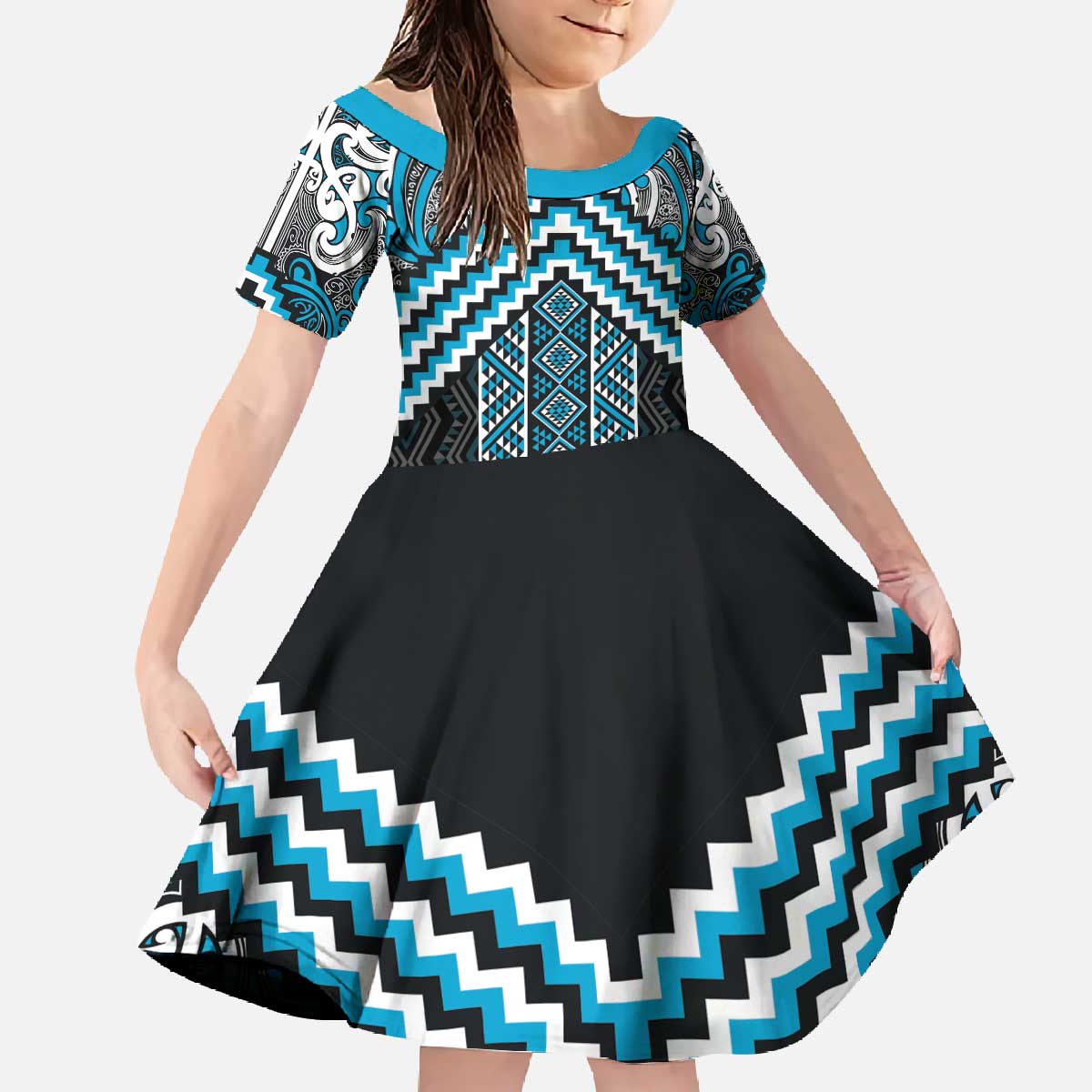 Maori Tukutuku Taniko Motifs Family Matching Off The Shoulder Long Sleeve Dress and Hawaiian Shirt Turquoise Poutama Mix Kowhaiwhai