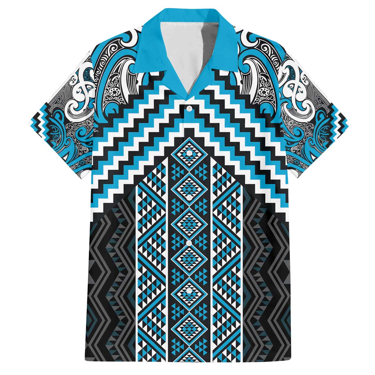 Maori Tukutuku Taniko Motifs Family Matching Off The Shoulder Long Sleeve Dress and Hawaiian Shirt Turquoise Poutama Mix Kowhaiwhai