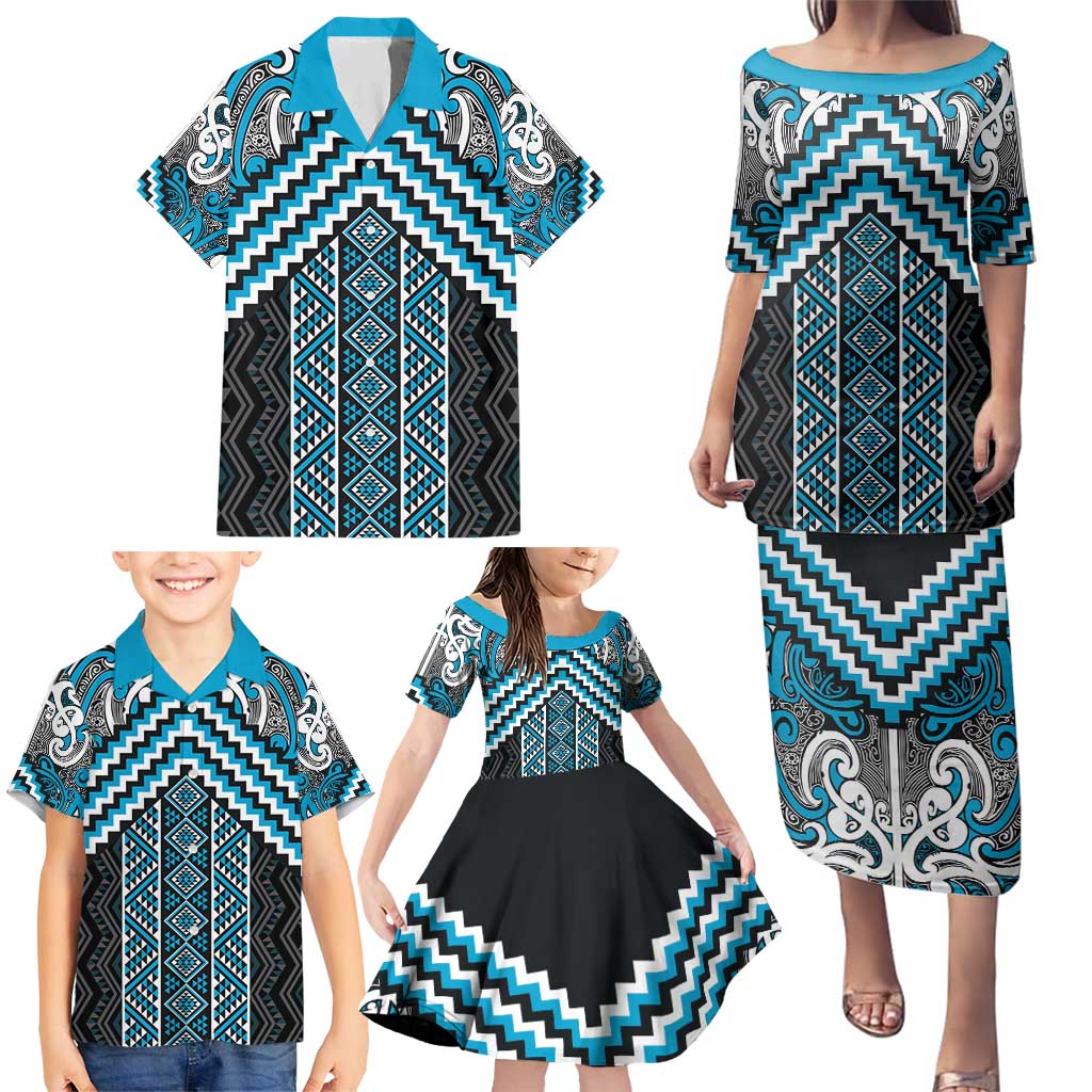 Maori Tukutuku Taniko Motifs Family Matching Puletasi and Hawaiian Shirt Turquoise Poutama Mix Kowhaiwhai