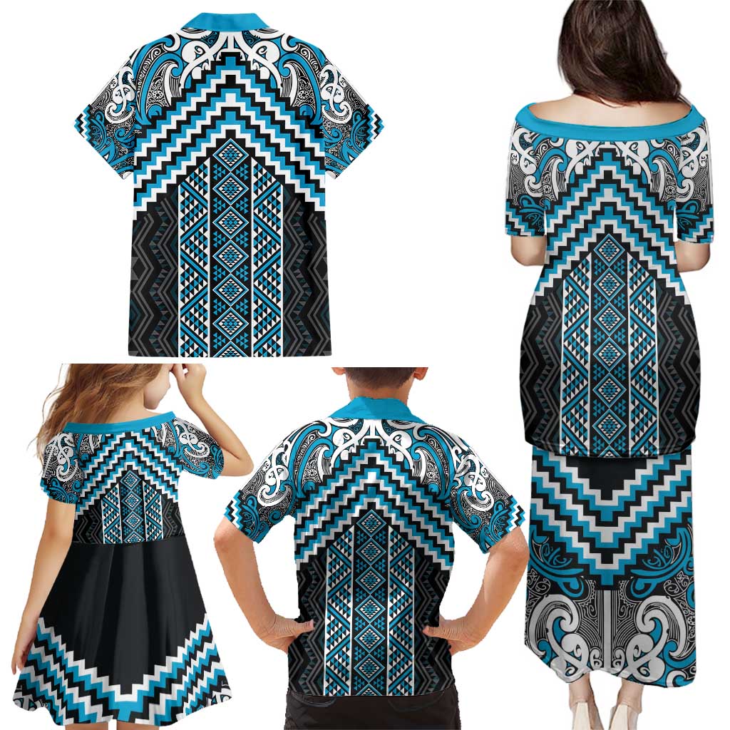 Maori Tukutuku Taniko Motifs Family Matching Puletasi and Hawaiian Shirt Turquoise Poutama Mix Kowhaiwhai