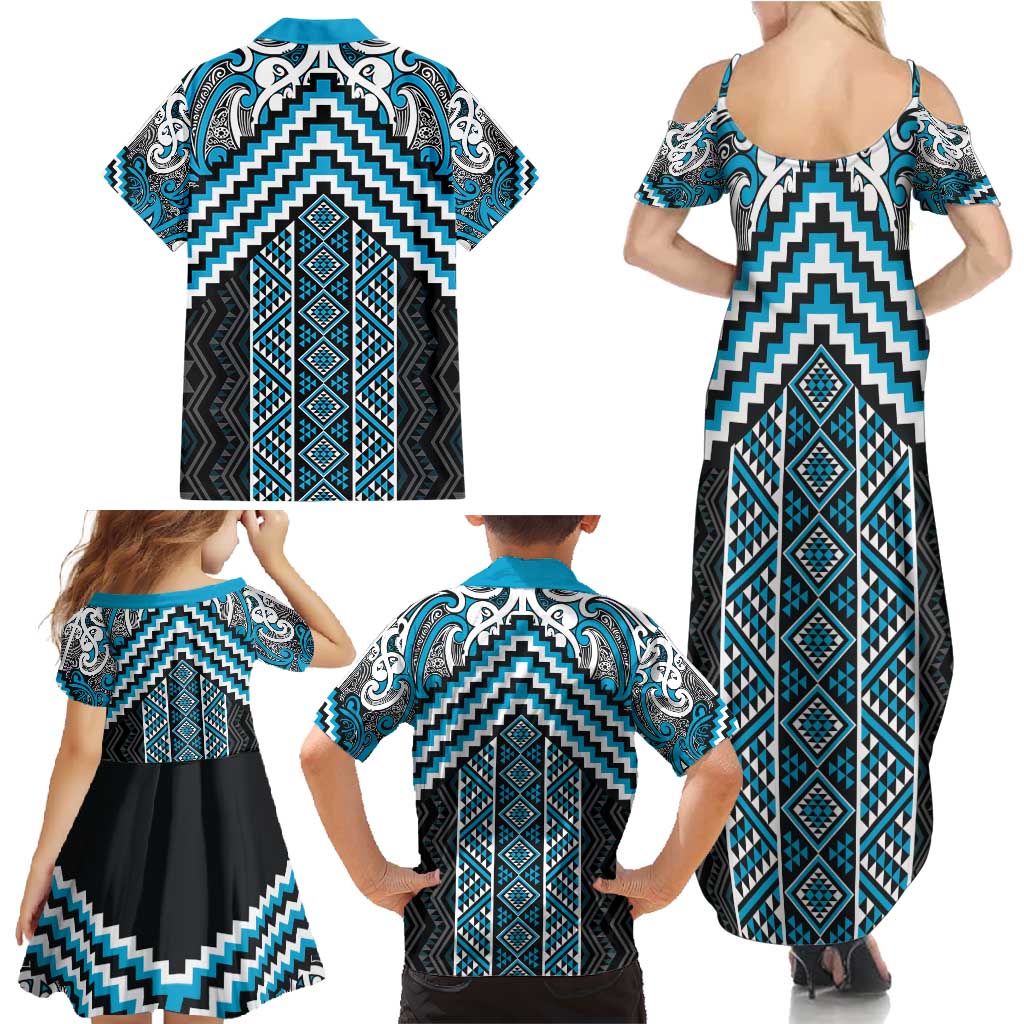 Maori Tukutuku Taniko Motifs Family Matching Summer Maxi Dress and Hawaiian Shirt Turquoise Poutama Mix Kowhaiwhai
