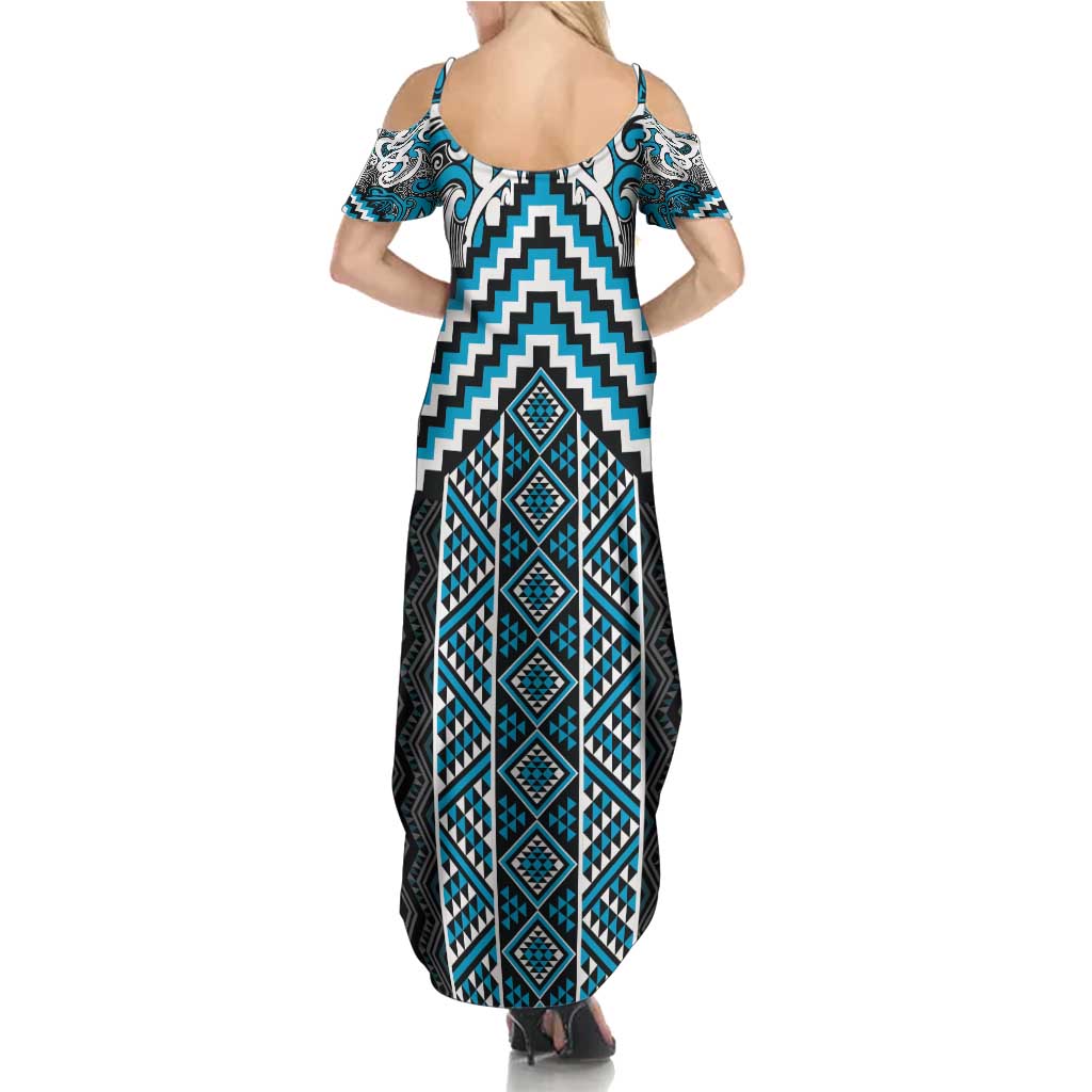 Maori Tukutuku Taniko Motifs Family Matching Summer Maxi Dress and Hawaiian Shirt Turquoise Poutama Mix Kowhaiwhai