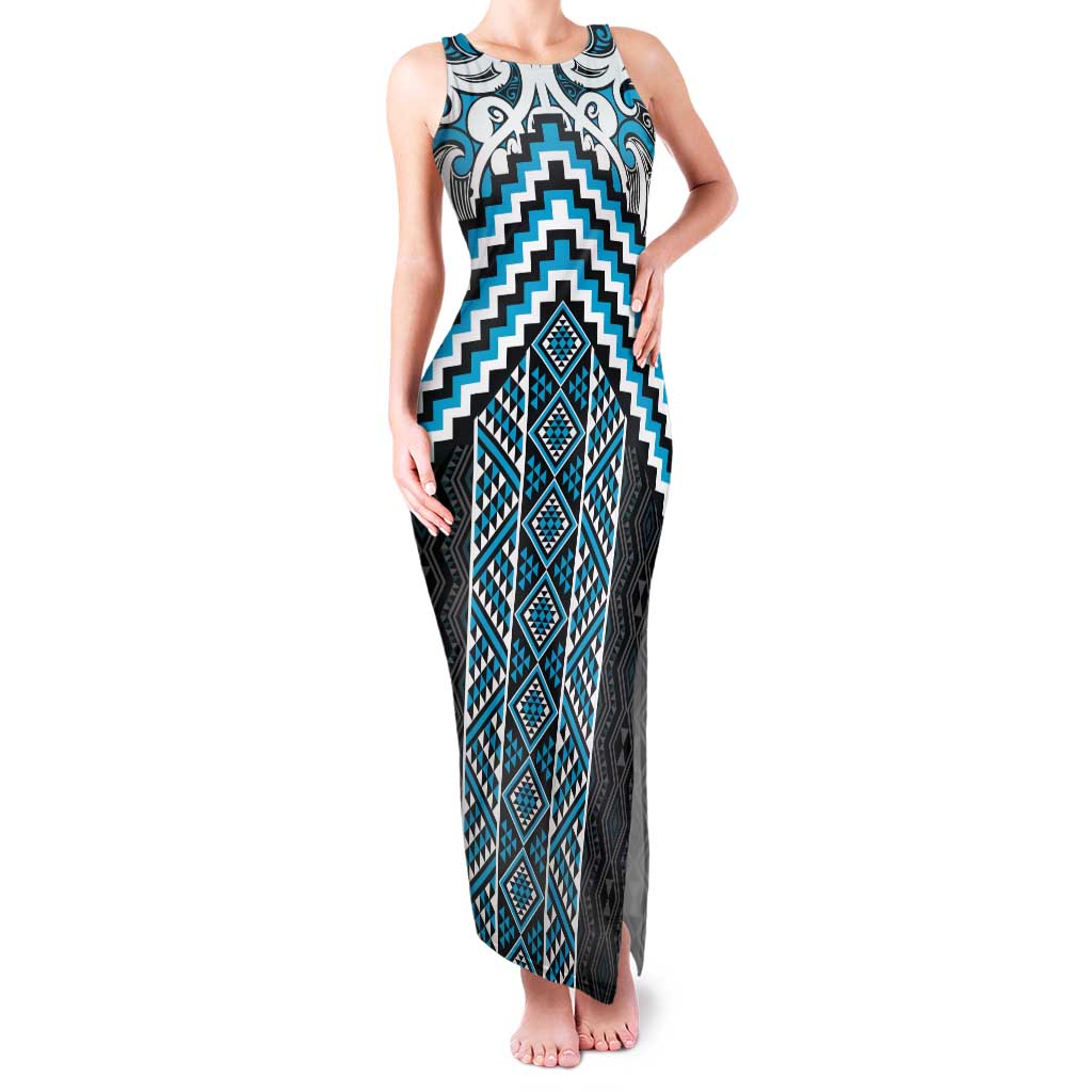 Maori Tukutuku Taniko Motifs Family Matching Tank Maxi Dress and Hawaiian Shirt Turquoise Poutama Mix Kowhaiwhai