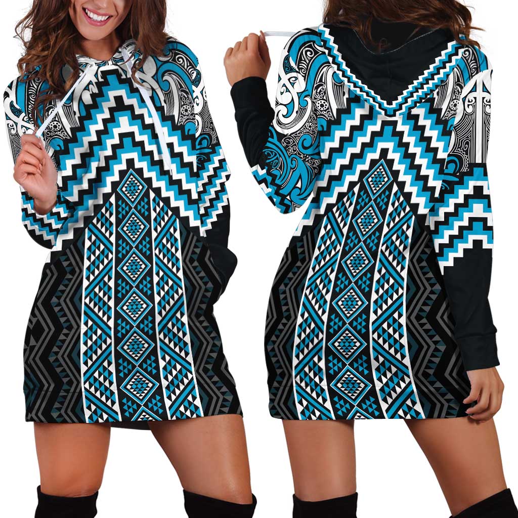Maori Tukutuku Taniko Motifs Hoodie Dress Turquoise Poutama Mix Kowhaiwhai